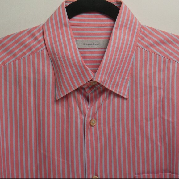 Ermenegildo Zegna Men's XXL Salmon Lt Gry Striped Button Down Shirt 100% Cotton - Picture 1 of 9